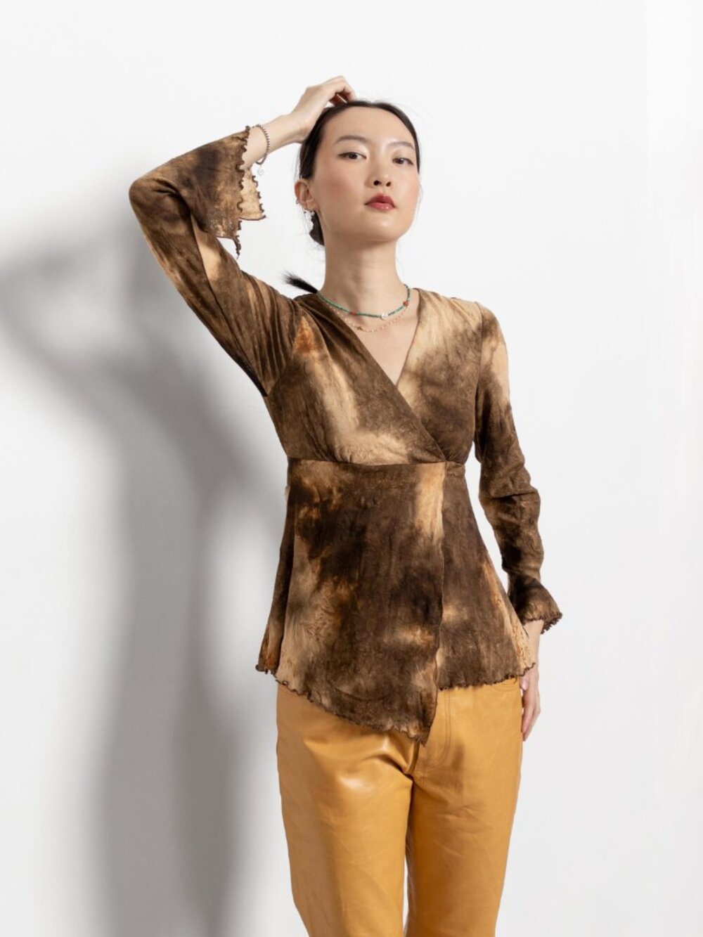TIE DYE MESH Top Shirt Vintage Brown Bell Sleeves / Small Y2K